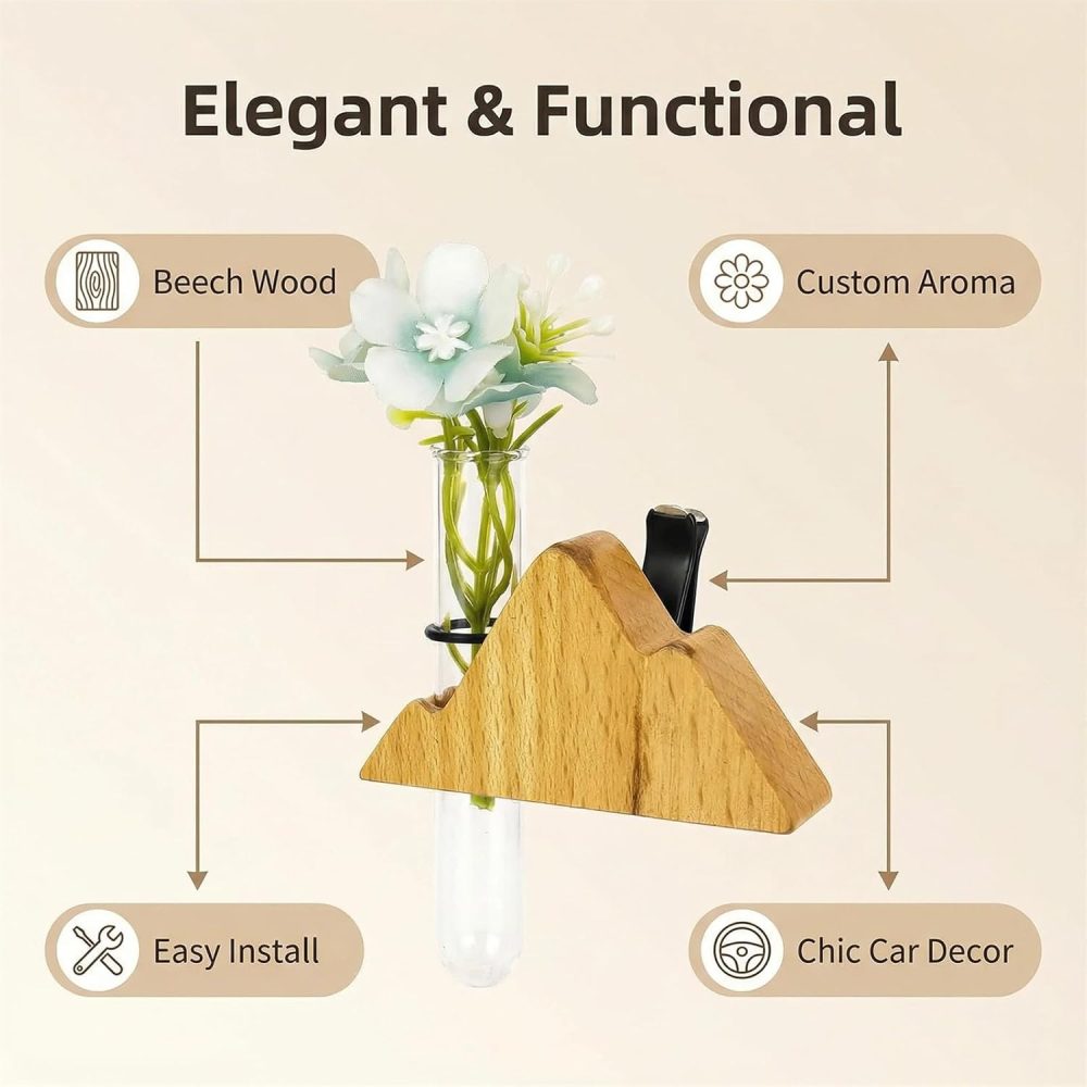 Little Glass Flower Vase Air Vent Clip, Wooden Stand Car Aroma Diffuser, Car Air Vent Decor Plant Holder, Auto Interior Decorations (Beech Peak) - Image 2
