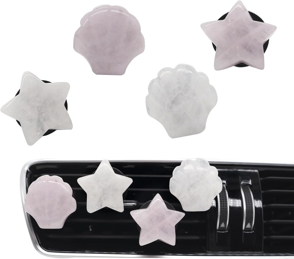 Boho Car Decor,4pcs Beach Car Air Freshener Vent Clips,Natural Crystal Stone Stars Seashell Hippie Decoations for Women,Best Wishes for Lover and Friend (white and pink)