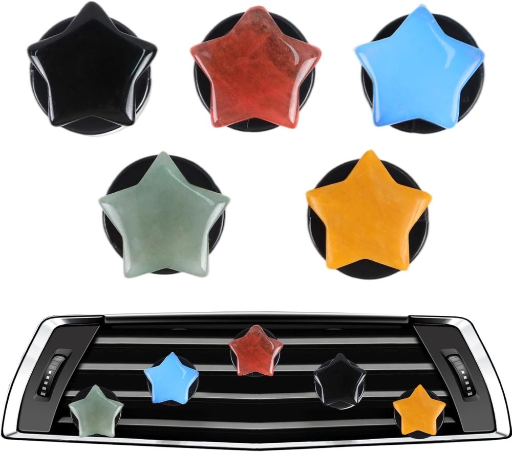Crystal Star Car Vent Clips - 5Pcs Natural Quartz Stone Car Fresheners Dashboard Decorations, Cute Cars Interior Decoration Accessories for Women Lover and Friend Gift