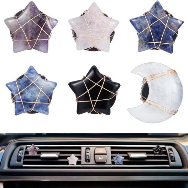 6Pcs Star Moon Natural Stone Car Air Vent Clips Gemstone Car Vent Clips with Copper Wire Quartz Crystals Car Vent Clips Air Freshener Vent Clips for Car Air Vent Accessory