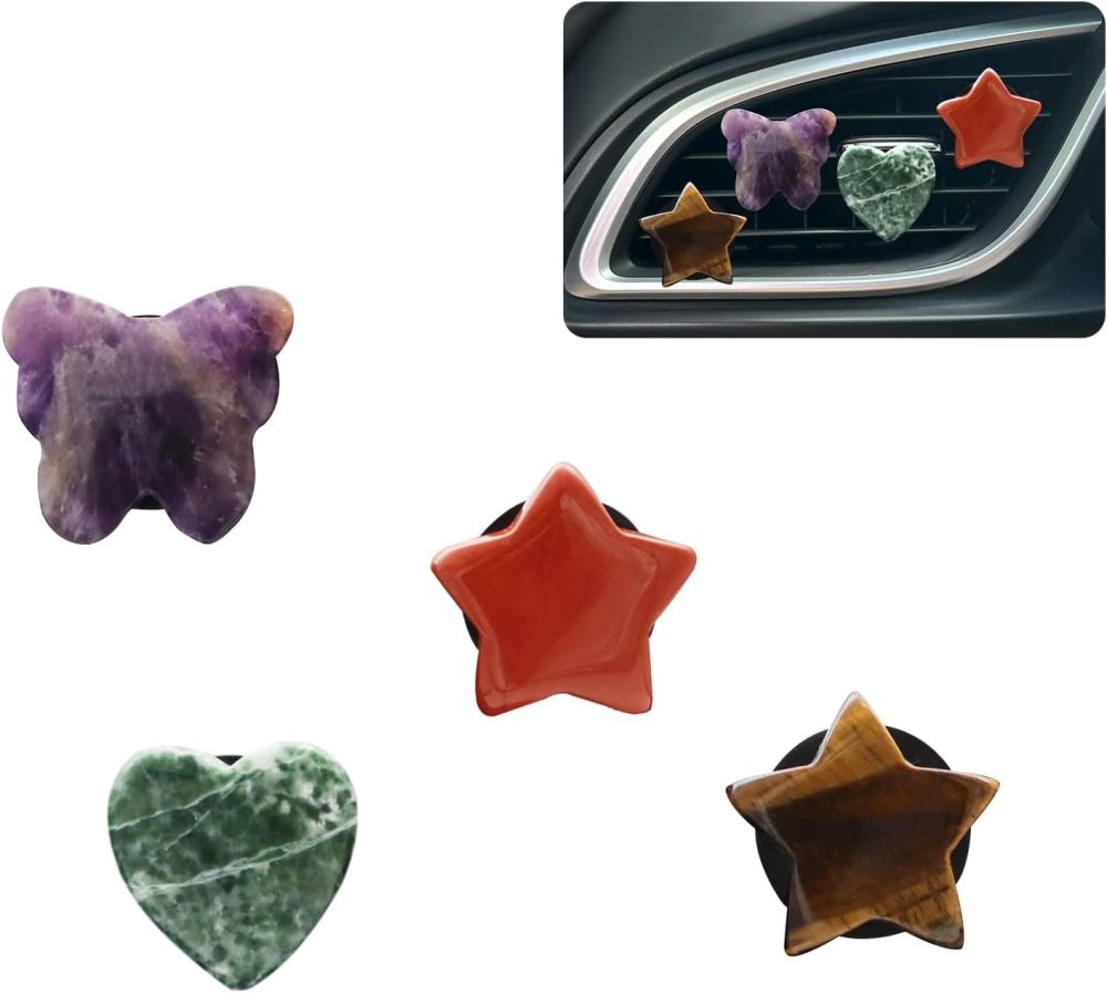 Boho Car Decor,4pcs Natural Stone Car Air Freshener Vent Clips,Butterfly Stars Heart Crystal Stones Dashboard Decoations Hippie Accessories for Women,Best Wishes for Lover Friends