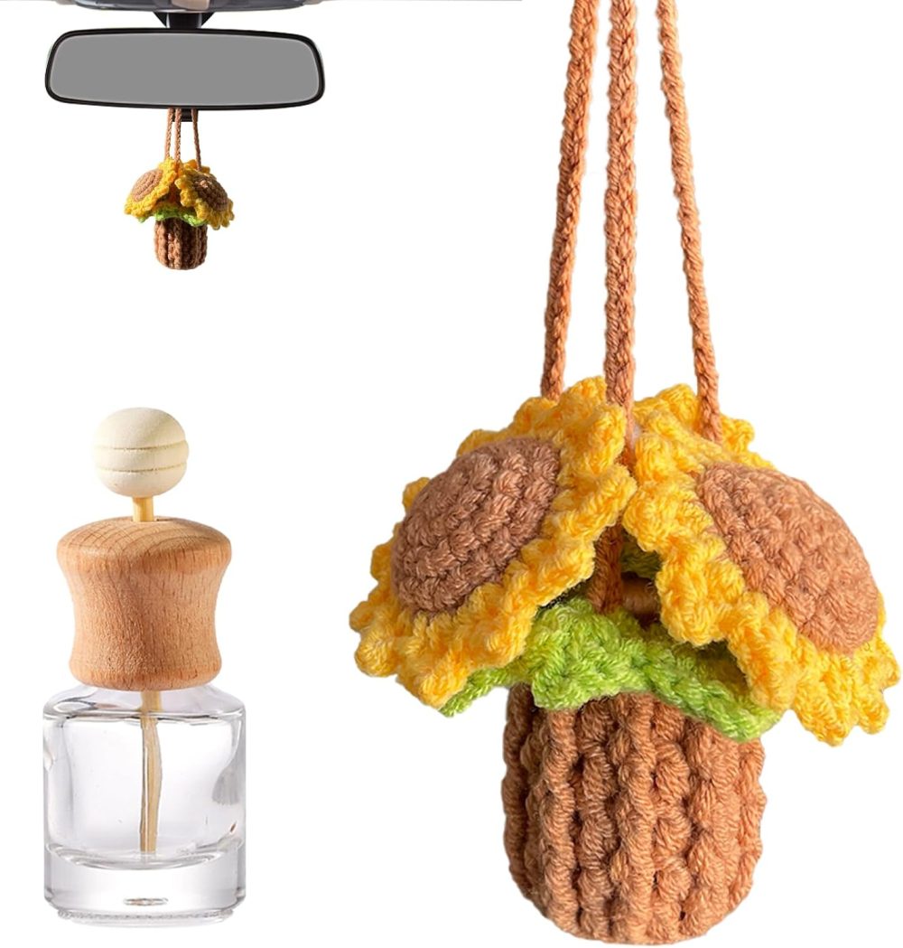 Crochet Car Air Freshener Empty Refillable Diffuser Bottle with Cute Potted Plants Car Mirror Hanging Accessories Long Lasting Air Hanging Fragrance Oil Diffuser sunflower