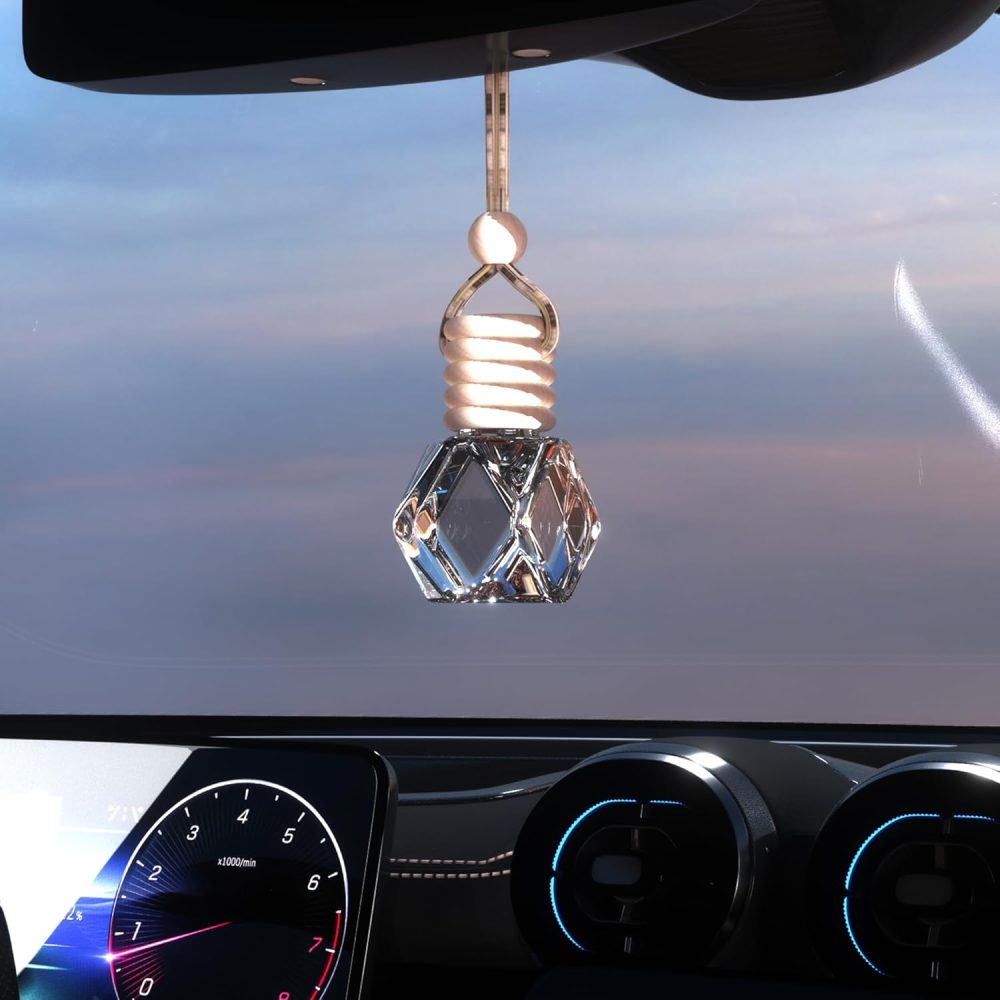 5PCS Hanging Car Air Freshener, Auto Interior Decoration 8 ml Oil Diffuser Perfume Aromatherapy Pendant Empty Glass Bottle, Fragrance Ornament with Vent Clip Wooden Cap and Rope (5, Rhombic) - Image 2