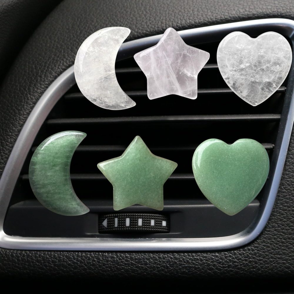 Set of 3 Crystal Stone Car Air Vent Clips, Moon Star Heart Quartz Charm Car Air Freshener Clip, Air Conditioning Outlet Clip, Cute Car Interior Decoration Accessories for Men Women (White, Unscented) - Image 2