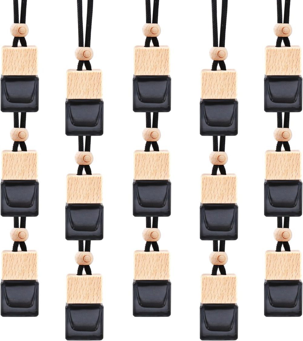 15 Pcs Hanging Car Air Freshener Bottle Empty Car Essential Oil Diffuser Bottles Pendant Black Glass Perfume Bottles Aromatherapy Fragrance Bottle Auto Ornaments Decor