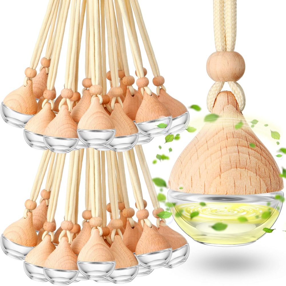 50 Pcs Car Essential Oil Hanging Bottle Empty Glass Diffuser Bottles Refillable Car Air Freshener Perfume Pendant Aromatherapy Fragrance Ornament Decor(Simple Style)