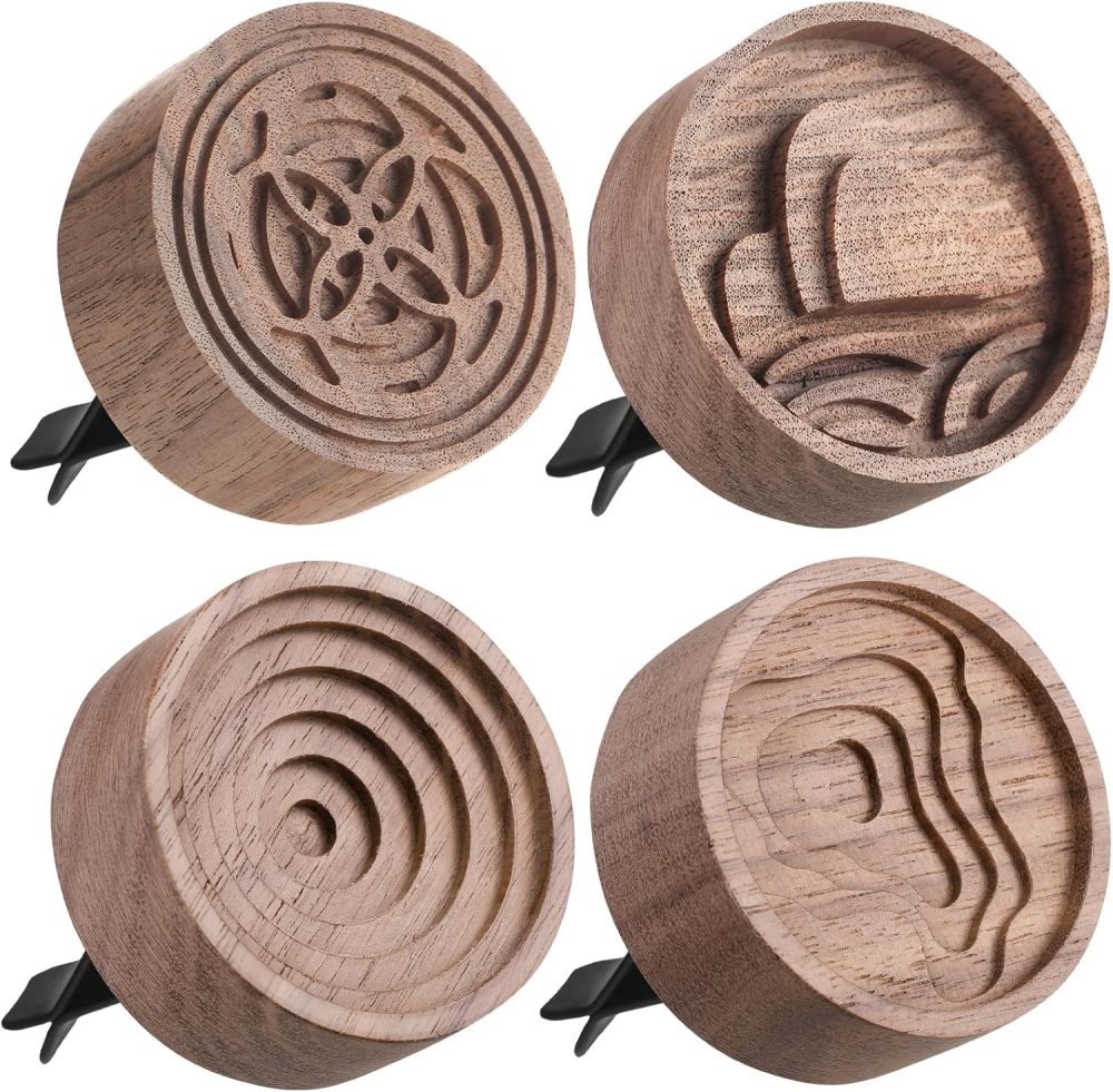 4 Pcs Wooden Essential Oil Diffuser Car Aromatherapy Passive Diffuser with Vent Clip Walnut Wood Round Air Freshener Winter Gifts for Home Offices Yoga Rooms Sauna Rooms