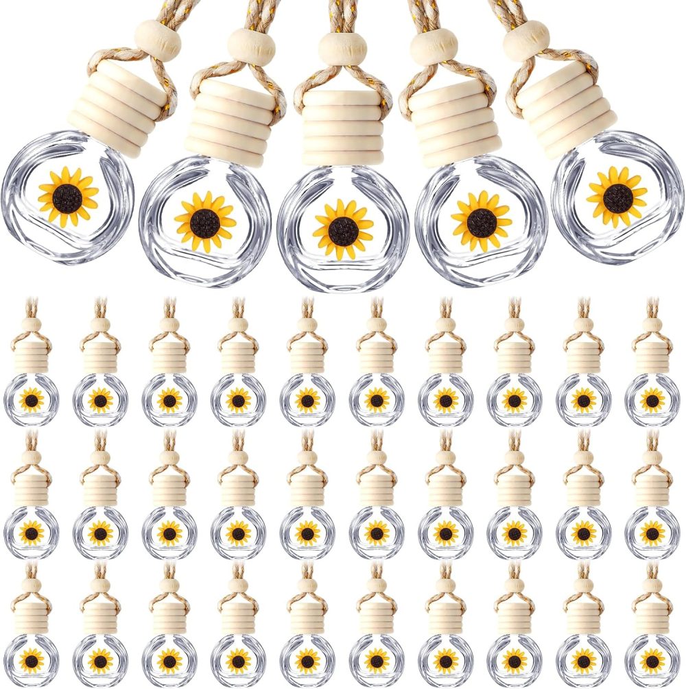 50 Pcs Hanging Car Air Freshener Car Diffuser Bottles Empty Glass Perfume Bottle Freshener Diffuser Bottle Pendant for Essential Oil Fragrance Aromatherapy Bottle Ornament(Clear,Sunflower)