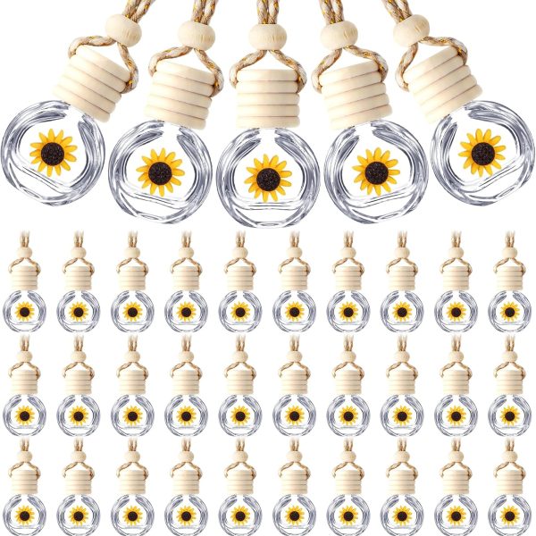 50 Pcs Hanging Car Air Freshener Car Diffuser Bottles Empty Glass Perfume Bottle Freshener Diffuser Bottle Pendant for Essential Oil Fragrance Aromatherapy Bottle Ornament(Clear,Sunflower)