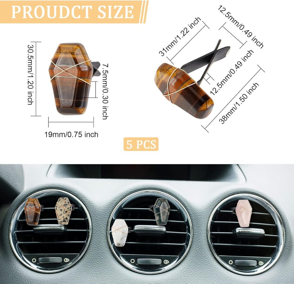 5pcs Coffin Shape Crystal Stones Car Vent Clips Natural Gemstone Car Air Vent Clips Hexagon Stones Car Accessories with Copper Wire for Car Air Vent Accessory - 5 Style - Image 2